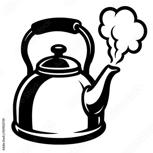 Black and White Vector Illustration of a Steaming Kettle, Perfect for Tea, Coffee, and Breakfast Related Designs.