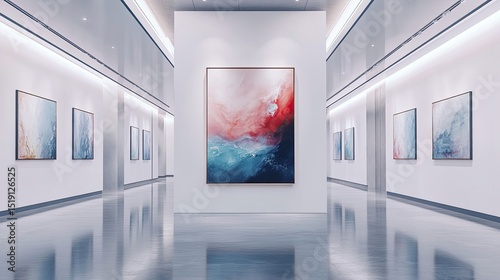 Abstract modern painting hanging on a white wall in an art exhibition hall with elegant minimalist decor