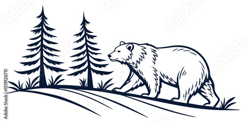 A sketch of a polar bear cub in the forest with a wildlife silhouette style