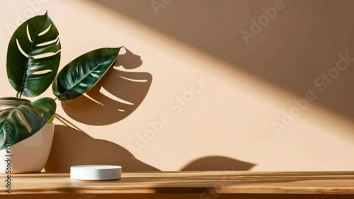 Sunlight streams onto a minimalist wooden surface, illuminating a potted plant and a small white device.