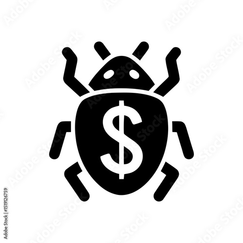 Financial bug or vulnerability icon, insect with dollar sign symbol. Software flaw impacting money graphic, coding error or exploit in finance system illustration.