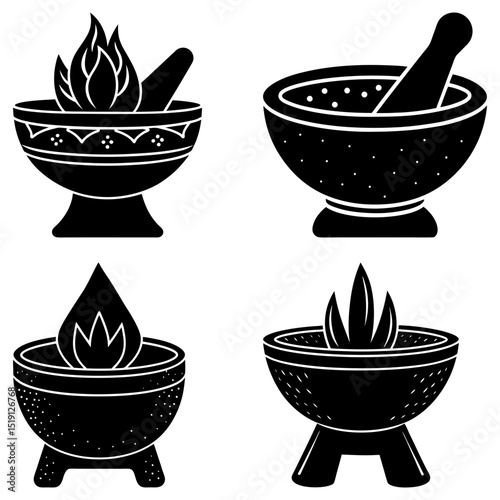 Collection of four black and white illustrations of braziers with flames and mortar and pestle designs