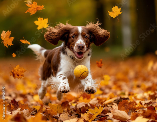 A brown and white spaniel is playing with a ball among the fallen autumn leaves.