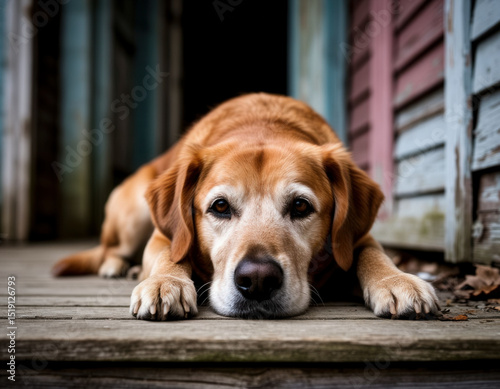 An old dog lies sadly on the porch of an old house.