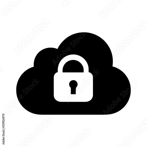 Cloud security and privacy icon, locked cloud storage symbol. Protected online data access graphic, network encryption and information safety illustration design.