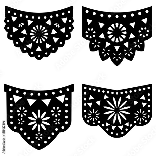 Four decorative black paper cutouts with floral and geometric patterns for festive celebrations and decorations