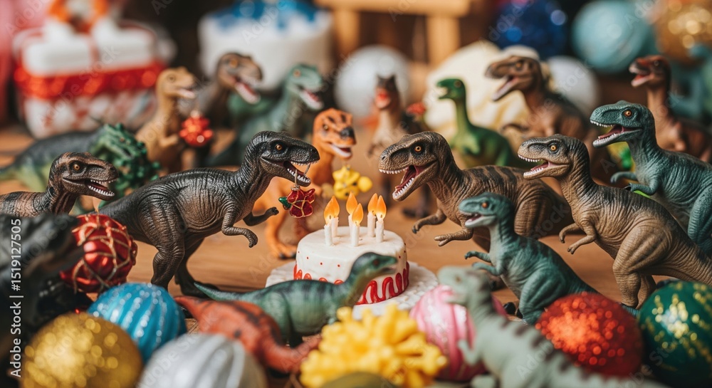 Fototapeta premium Dinosaur Toys Forming a Circle Celebrating Birthday with Cake in the Center