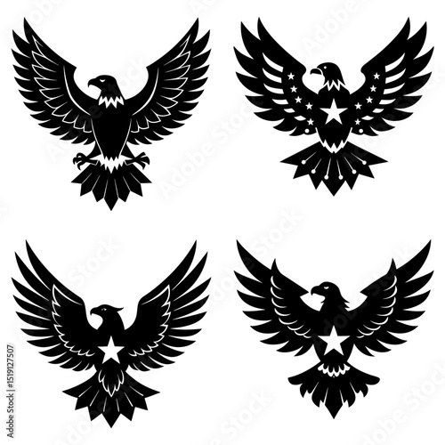 Four eagle silhouettes with wings spread and star or stars and stripes design on the chest area