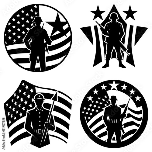 Four black and white vector illustrations depicting soldiers with american flag elements in various designs