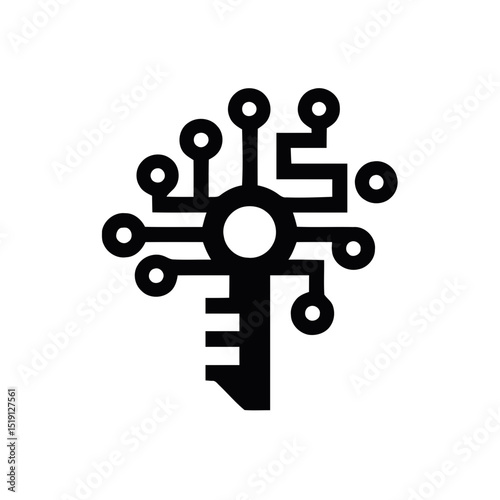Digital encryption key icon, cybersecurity and access symbol. Cryptographic key for data protection graphic, secure authentication and information privacy illustration.