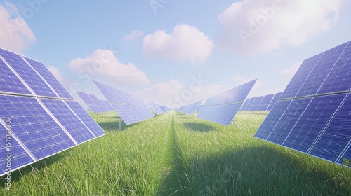 Field of solar panels with grass growing beneath and clear delineation of paths between rows