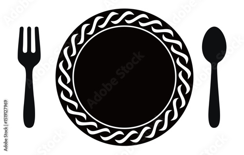 silhouette of spoon, fork and plate with ornamental motif on the side
