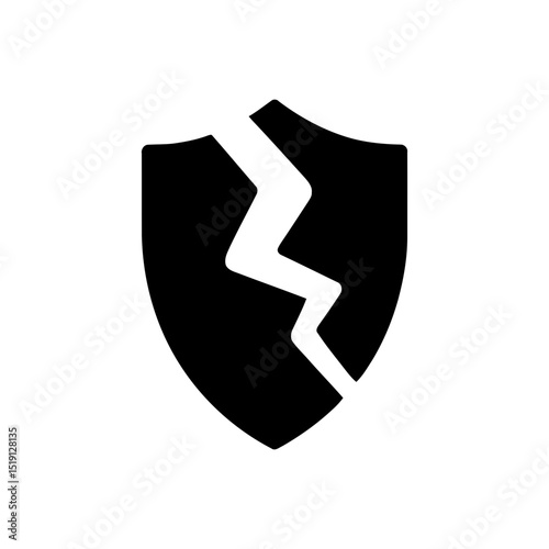 Compromised shield icon, security failure or data breach symbol. Broken protection and system vulnerability graphic, unsuccessful defense or attack illustration.