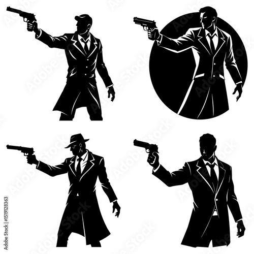 Four black and white vector illustrations of men in suits holding guns in various poses and compositions