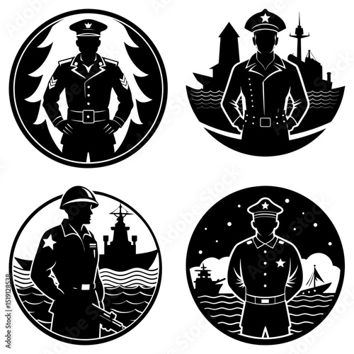Four black and white circular emblems featuring military personnel with ships and maritime elements in silhouette