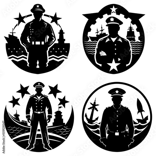 Collection of naval officer emblems with ships, stars, and nautical elements in black and white silhouette style