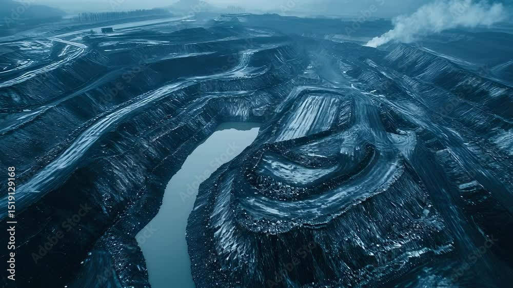 Surreal aerial landscape of a quarry with a lake and industrial activity