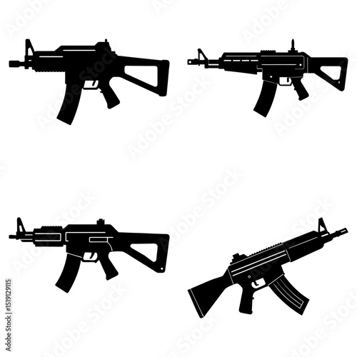 Four black silhouette assault rifles with different designs on a white background illustration design