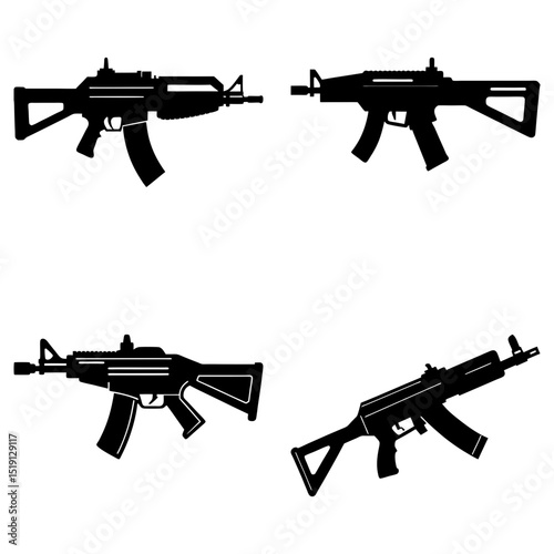 Four black silhouettes of assault rifles in varying angles and orientations on a white background display