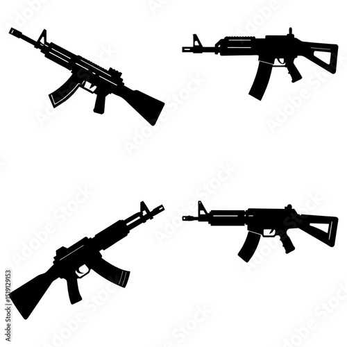 Four rifle silhouettes displayed in a grid pattern against a white background showcasing weapon designs