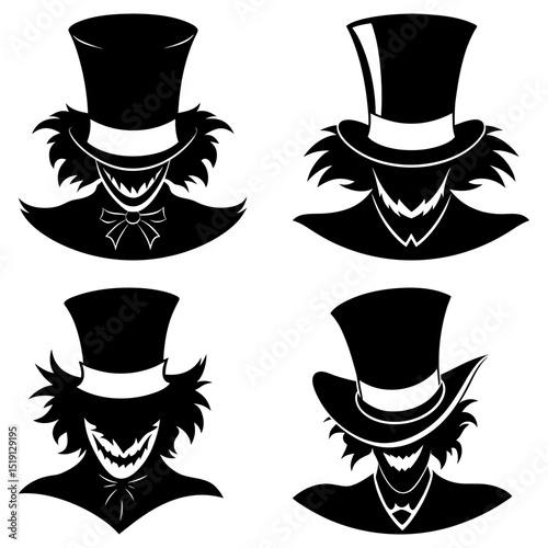 Four silhouettes of sinister figures wearing top hats with menacing smiles and shadowy appearances