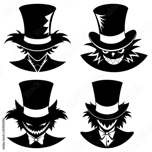 Four stylized black and white portraits of sinister figures wearing top hats and formal attire shown