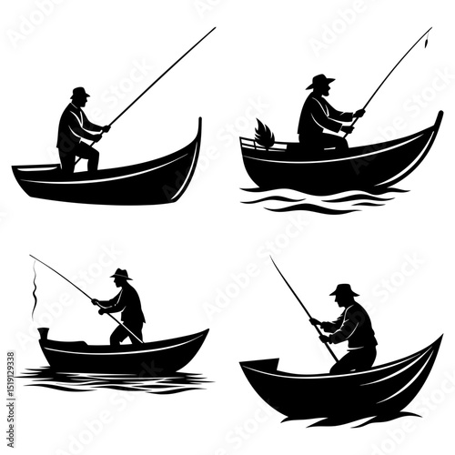 Silhouette illustrations of fishermen in boats holding fishing rods on a white background design vector