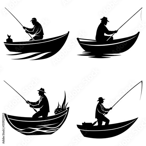 Silhouette illustrations of fishermen in boats with fishing rods in a vector format graphic design image