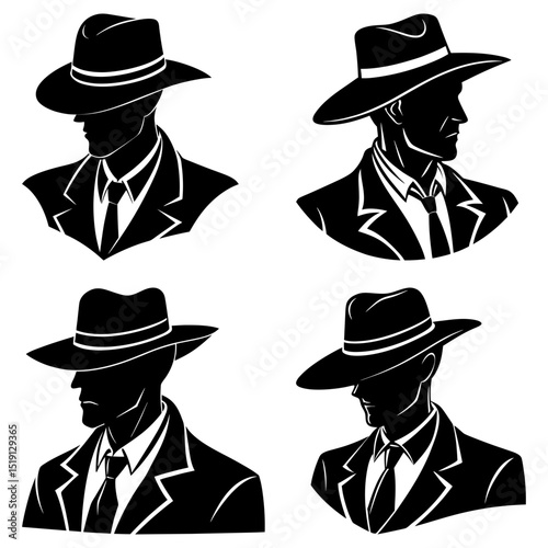 Four silhouette portraits of men wearing fedora hats and suits in a black and white vector illustration