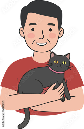 A cheerful cartoon illustration of a man holding a cute cat close to his chest.