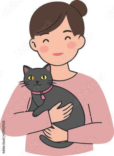 A cheerful illustration of a young woman holding a cute cat close to her chest.