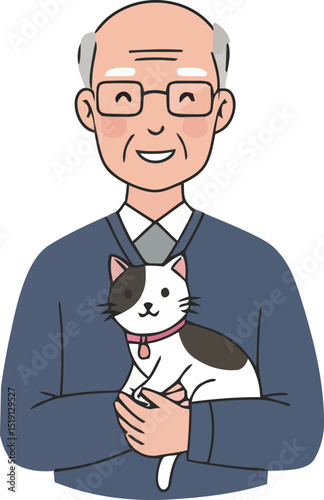 A cheerful cartoon illustration of a man holding a cute cat close to his chest.