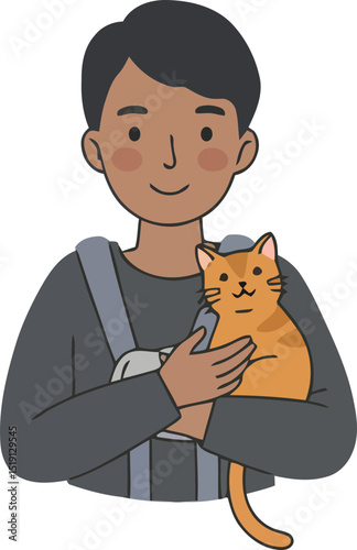 A cheerful cartoon illustration of a man holding a cute cat close to his chest.