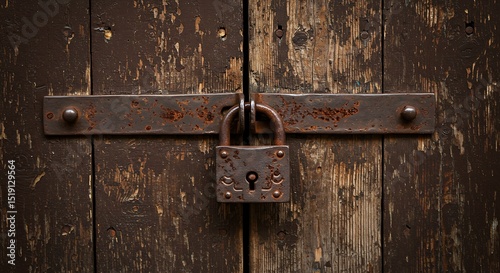 Rustic Wooden Door Secured with Antique Padlock A Close-Up View