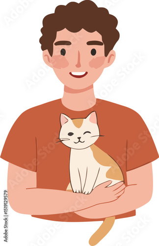 A cheerful cartoon illustration of a man holding a cute cat close to his chest.