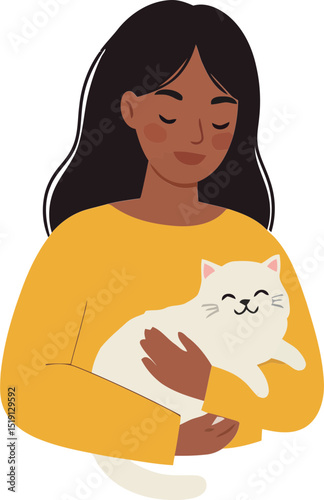 A cheerful illustration of a young woman holding a cute cat close to her chest.