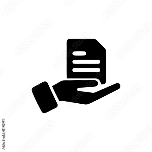 Hand presenting document with text for data sharing, document review, info access, or file handling. Act of providing or receiving important info.