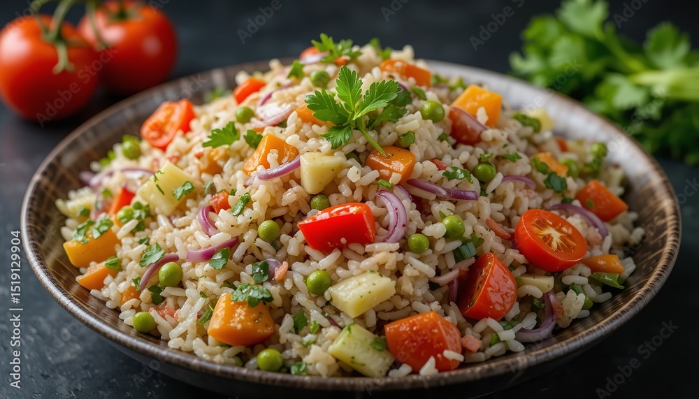 Fresh salad with rice and vegetable on a dark background. Fresh salad with rice and vegetable on a dark background.