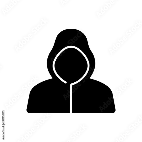 Hooded anonymous figure icon for hackers, cybercriminals, or individuals seeking online anonymity. Denotes cybersecurity risks or incognito browsing.