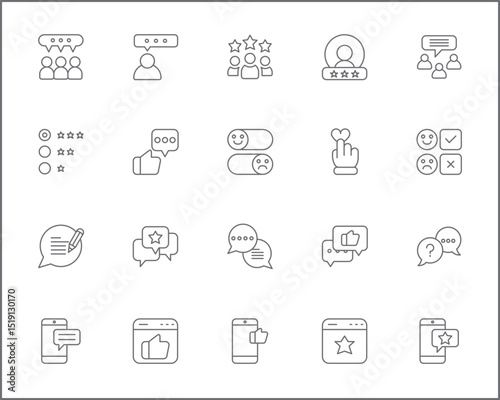 Review And feedback Icon Set. Vector collection of customer, rating, star rating, chat, testimonials, survey, support, communication, sign and element symbols or logo element.