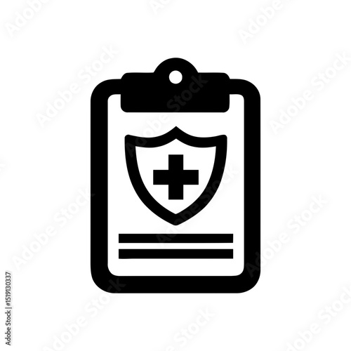 Clipboard with shield and plus sign for health security, medical insurance, patient data protection, or secure health records. Safety in healthcare IT.