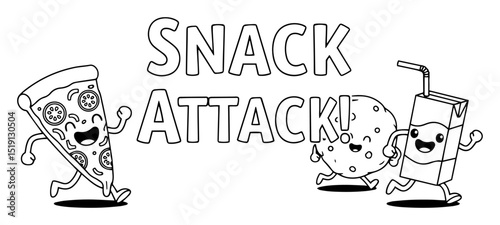 snack attack funny food characters vector illustration