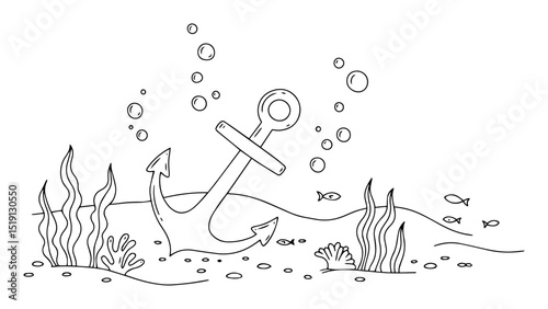 underwater anchor on ocean floor vector illustration