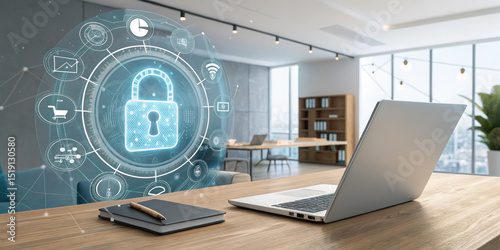 Cybersecurity concept with laptop and padlock for network security and data protection in modern office