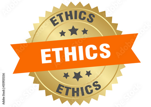 ethics. ethics round orange and gold label isolated on transparent background