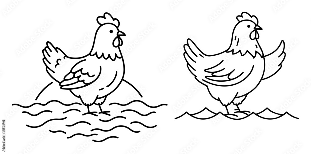 Fototapeta premium chickens walking in water outline vector drawing