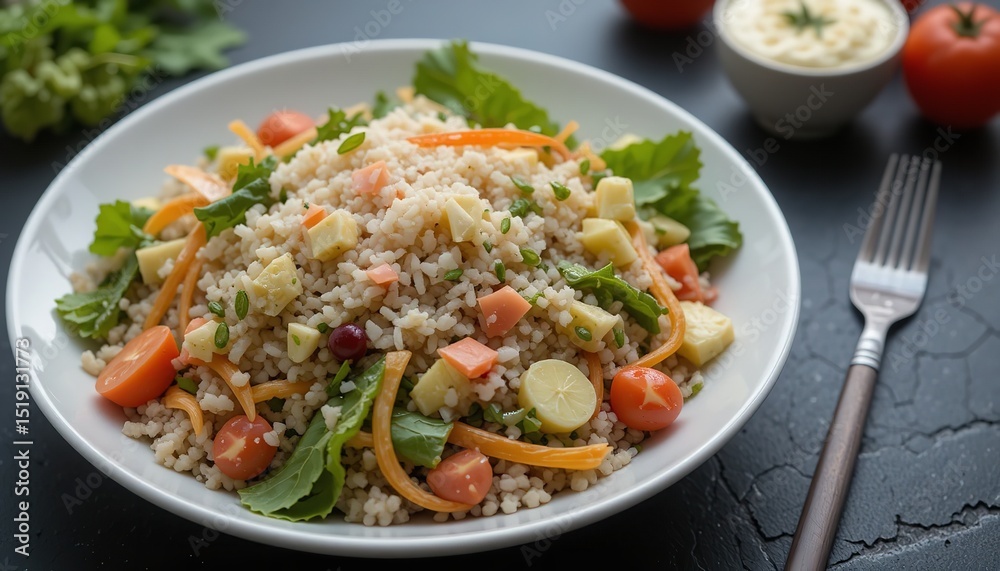 Fresh salad with rice and vegetable on a dark background. Fresh salad with rice and vegetable on a dark background.