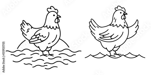 chickens walking in water outline vector drawing