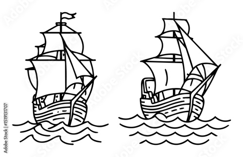old sailing ships on water outline vector illustration