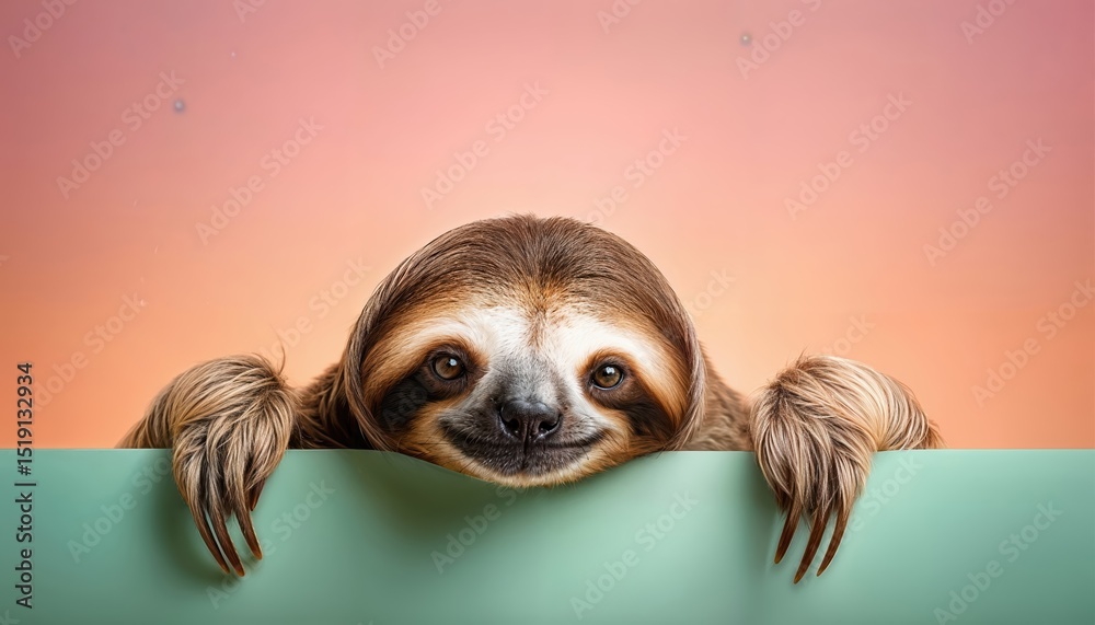 Obraz premium Sloth Peeking Over Pastel Backdrop at Twilight A Serene Moment in Time, Capturing the Tranquility and Peace of the Amazon Rainforest.